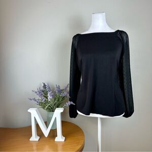 Loft Black Long Sleeve Blouse - Size MP - Sheer Swiss Dot Sleeves